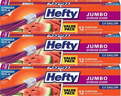 Hefty Slider 2.5 Gallon Jumbo Storage Bags, 12 Count (Pack of 3) 36 Bags Total, Amazon, 