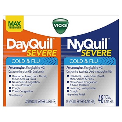 Vicks NyQuil and DayQuil SEVERE Cough Cold and Flu Relief, 48 Caplets (32 DayQuil + 16 NyQuil), Amazon, 