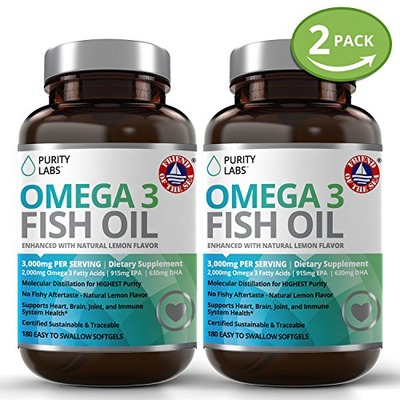 Omega 3 Fish Oil Supplements - 180 Gelcaps for Heart, Joints & Weight Management- 3,000mg Per Serving with 915MG of EPA and 630MG of DHA - 2 Bottle Bundle, Amazon, 