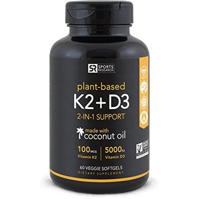 Vitamin K2 + D3 with Organic Coconut Oil for better absorption | 2-in-1 Support for your Heart, Bones & Teeth | Vegan Certified, GMO & Gluten Free ~ 60 Veggie Gels, Amazon, 