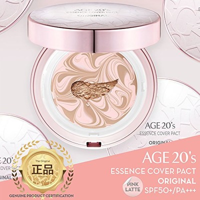 Age 20's Compact Foundation Makeup, Pink Latte Essence Cover Pact SPF50+ Sunscreen (Wrinkle-Smoothing & Brightening) with 68% Hyaluronic Serum (Made in Korea) - Pink / Beige Blend, Amazon, 