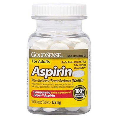 GoodSense Aspirin Pain Reliever 325 mg Coated Tablets, 100 Count, Amazon, 