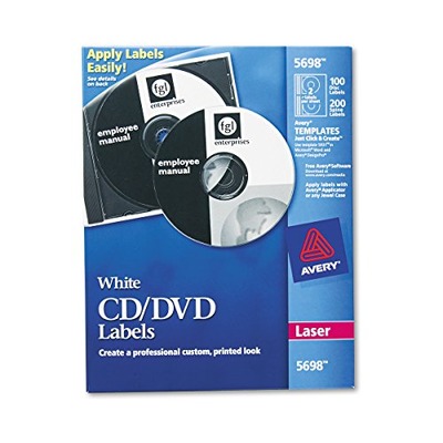 Avery CD Labels for Laser Printers, White, 100 Disc Labels and 200 Spine Labels (5698), Amazon, 