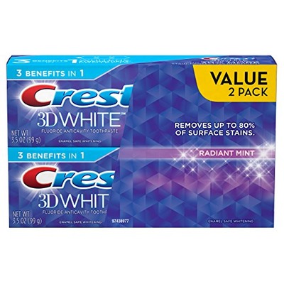 Crest 3D White Whitening Toothpaste, Radiant Mint, 3.5 oz, Pack of 2, Amazon, 