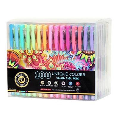 ULTIMATE 120 Gel Pens Set, 100 Unique Colors + 20 Duplicates, 50% More Ink, Non-Toxic, Non-Scented and Acid Free, ASTM Approved, Ideal for Adult Coloring Books, Sketching and Crafts by OfficeThink, Amazon, 