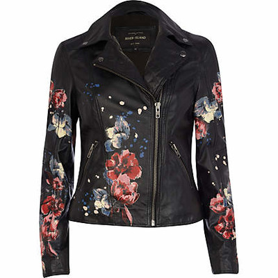 Black leather floral print biker jacket, riverisland, 