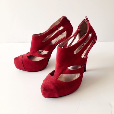 Strappy Faux Suede Red Heels, Poshmark, 