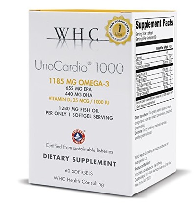 WHC - UnoCardio 1000 (60 Softgels) - 1280 mg of pure Triglyceride fish oil with high concentration omega-3 (1185 mg),Â652 mg EPA and 440 mg DHA and 25 mcg (1000 IU) vitamin D3 per softgel, Amazon, 