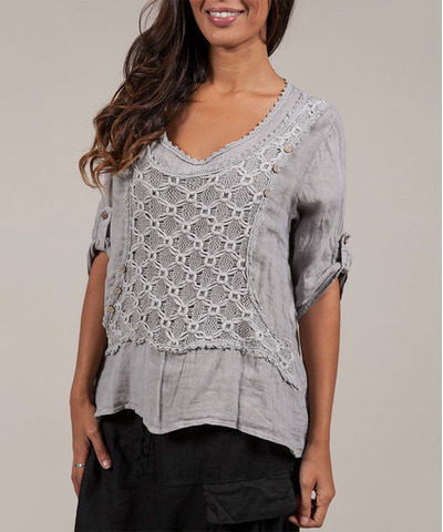 Beige Lace-Accent Three Quarter Sleeve Top, Zulily, 