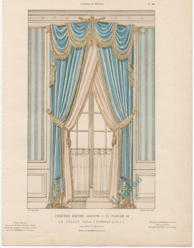 Chromolithograph after original drawing by Ernest Foussier of Empire style window drapes., LindenPrints, 