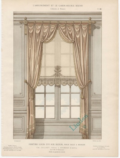 Chromolithograph after original drawing by Ernest Foussier of Louis XVI style window drapes., LindenPrints, 