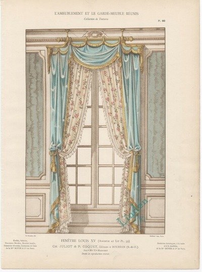 Chromolithograph after original drawing by Ernest Foussier of Louis XV style window drapes., LindenPrints, 