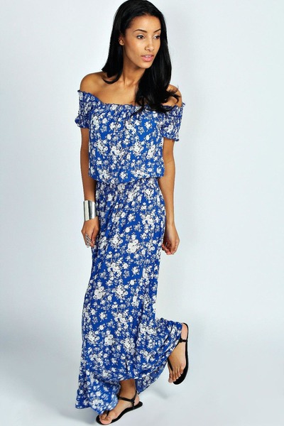 SUE OFF THE SHOULDER FLORAL BUTTON FRONT MAXI DRESS, boohoo, 
